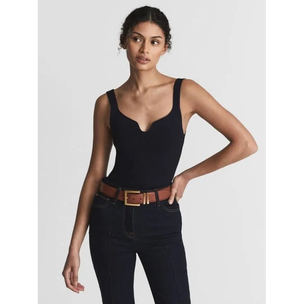 REISS Daisy Tank Top Sweetheart Neck Black Knit Size XS Fitted Flattering Lux